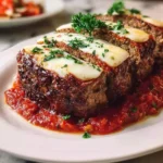 Close-up of three slices of savory Italian Meatloaf with Mozzarella, glistening with red sauce and fresh parsley on a white plate.