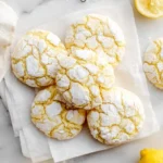 A close-up overhead shot of a pile of bright yellow Lemon Crinkle Cookies dusted with powdered sugar on white parchment paper.