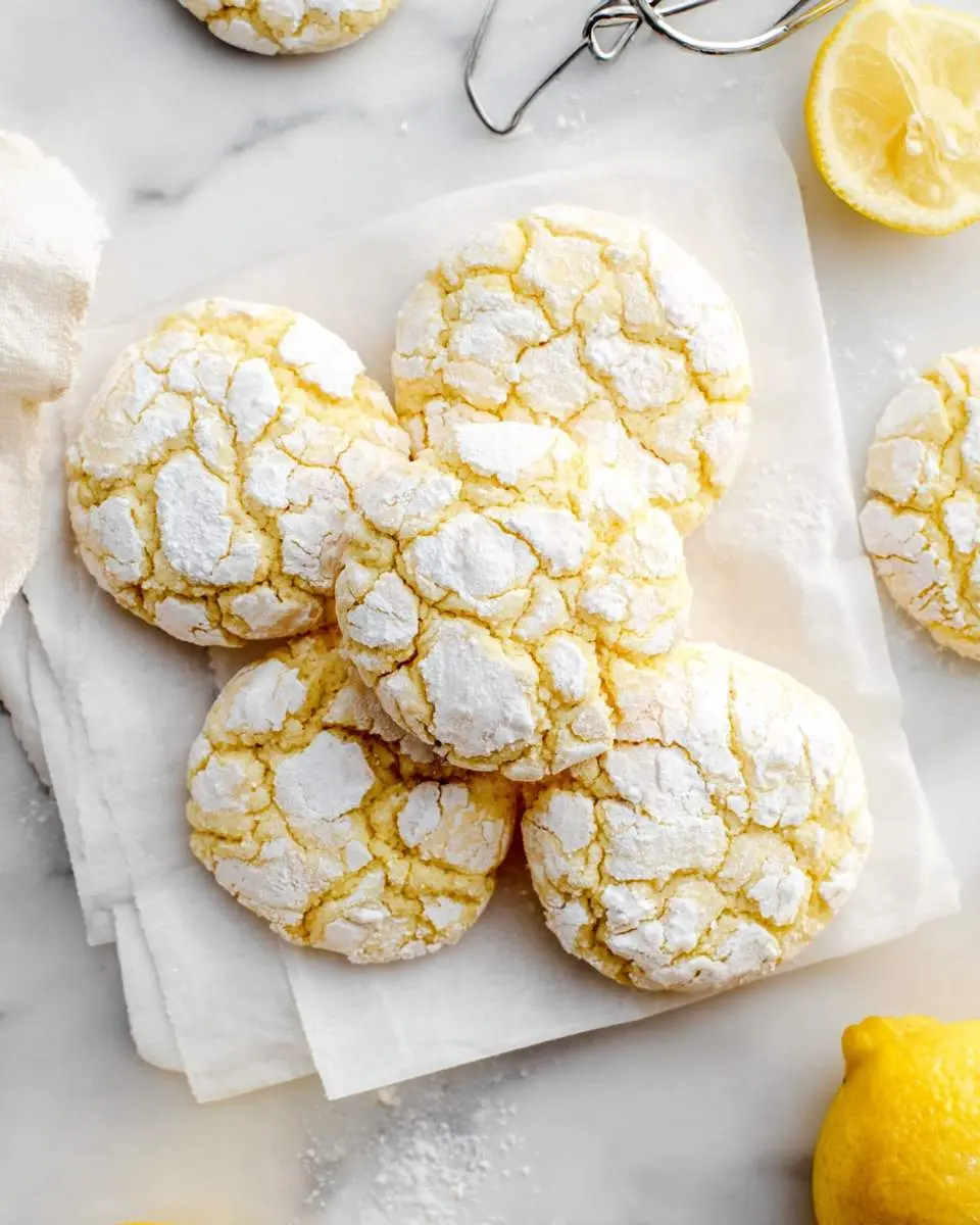 Lemon Crinkle Cookies 29 A close-up overhead shot of a pile of bright yellow Lemon Crinkle Cookies dusted with powdered sugar on white parchment paper.