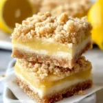 A delicious stack of two lemon crumb bars with a crumbly topping, bright yellow lemon filling, and creamy white layer, resting on white parchment paper.