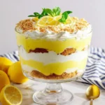 A vibrant Lemon Lush Trifle layered with lemon cream, whipped cream, and cookie crumbs, topped with mint and lemon slices.