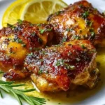 Close-up of golden-brown Lemon Paprika Roast Chicken Thighs garnished with fresh parsley, lemon slices, and rosemary on a white plate.