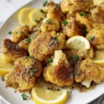 A white platter filled with golden brown lemon pepper cauliflower florets, garnished with fresh parsley and lemon wedges.