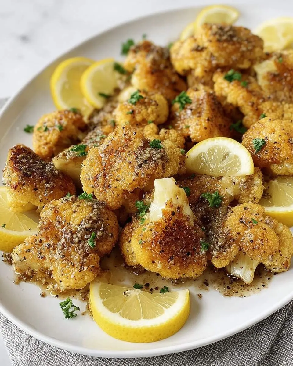 lemon pepper cauliflower 29 A white platter filled with golden brown lemon pepper cauliflower florets, garnished with fresh parsley and lemon wedges.