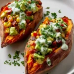 Two beautifully presented loaded sweet potatoes, split open and generously topped with diced avocado, corn, vegetables, a creamy white sauce, and fresh herbs, on a white plate.