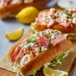 Three delicious Lobster Roll Sandwiches, filled with succulent lobster meat, chives, and lettuce, served with fresh lemon.
