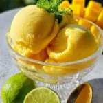 A crystal bowl of refreshing Mango Lime Sorbet, garnished with mint, alongside fresh limes and diced mango.