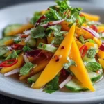 A close-up of a vibrant and refreshing mango salad featuring ripe mango slices, cucumber, red onion, mint, and chili on a white plate.