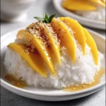 Delicious mango sticky rice on a white plate, topped with ripe mango slices, sesame seeds, and a sweet sauce.