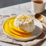 A close-up of a perfectly plated Mango Sticky Rice Recipe with Coconut Cream Topping, adorned with toasted flakes and fresh mango slices, served alongside a cup of tea.