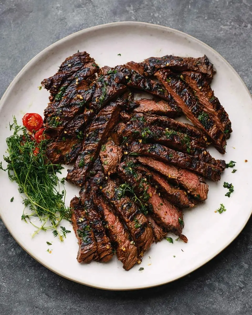 Marinated Skirt Steak 29 A platter of perfectly grilled Marinated Skirt Steak, thinly sliced and topped with fresh herbs, alongside cherry tomatoes.