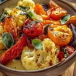 A close-up of a bowl of vibrant Marry Me Roasted Vegetable, featuring charred cauliflower, tomatoes, and peppers, garnished with fresh herbs over a creamy sauce.