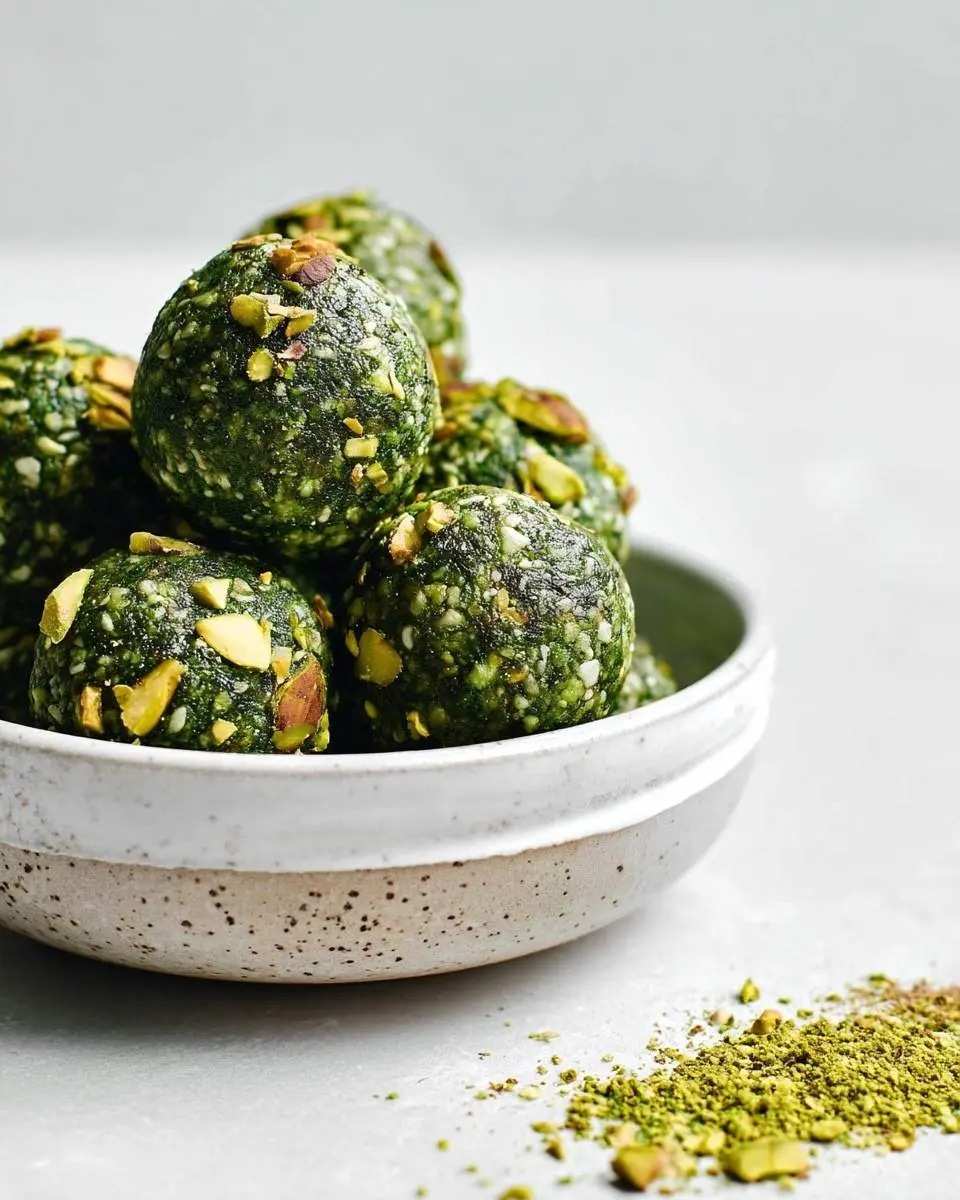 Matcha Pistachio Energy Balls 29 A white speckled bowl filled with vibrant green Matcha Pistachio Energy Balls, topped with chopped pistachios, with more green powder scattered on the side.