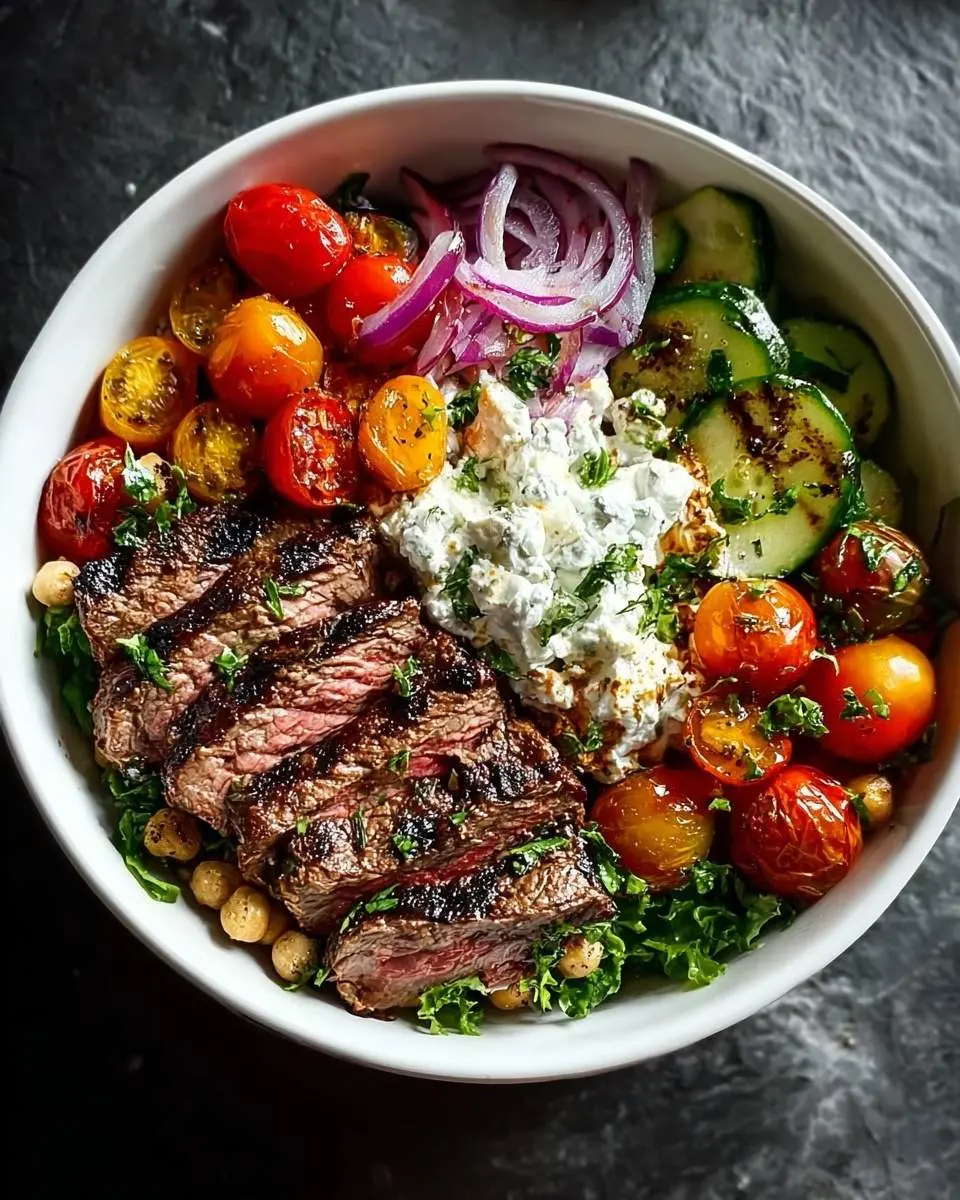 mediterranean grilled steak bowl 28 A vibrant mediterranean grilled steak bowl featuring sliced steak, roasted tomatoes, cucumbers, red onions, feta dip, and chickpeas.