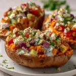Three vibrant Mediterranean Stuffed Sweet Potatoes on a white plate, generously topped with feta, tomatoes, red onions, herbs, and a creamy dressing.