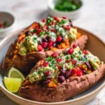 A close-up of two vibrant Mexican Stuffed Sweet Potatoes topped with guacamole, black beans, red peppers, and a creamy sauce, garnished with lime wedges.