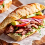 A delicious Mexican Torta Sandwich featuring thinly sliced roast beef, fresh avocado, red onion, tomato, and arugula on a crusty baguette.