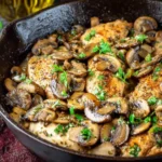 A close-up view of a savory Mushroom Chicken Skillet, featuring golden-brown chicken breasts topped with sautéed mushrooms and fresh parsley in a cast iron pan.