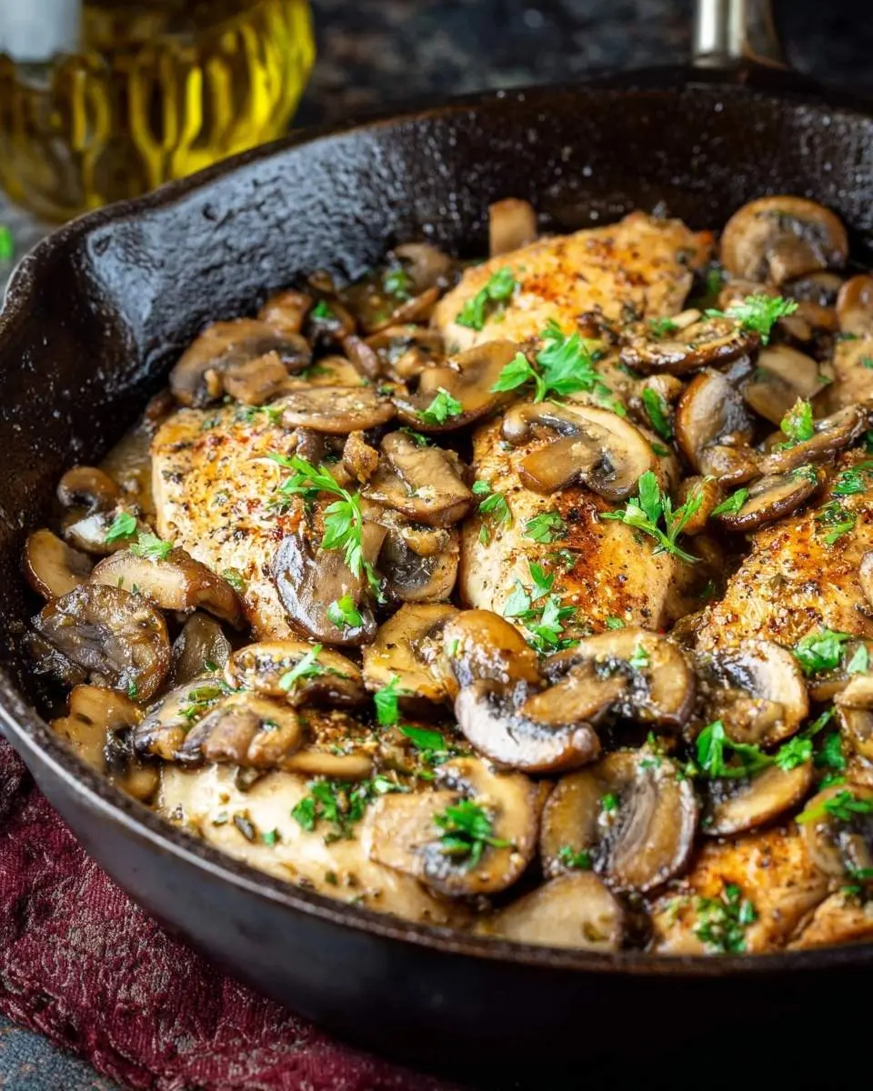 Mushroom Chicken Skillet 30 A close-up view of a savory Mushroom Chicken Skillet, featuring golden-brown chicken breasts topped with sautéed mushrooms and fresh parsley in a cast iron pan.