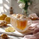 A warm, spiced drink with whipped topping and a sprinkle of cinnamon, surrounded by fresh ginger, lemons, and honey, suggesting a natural Mounjaro recipe.