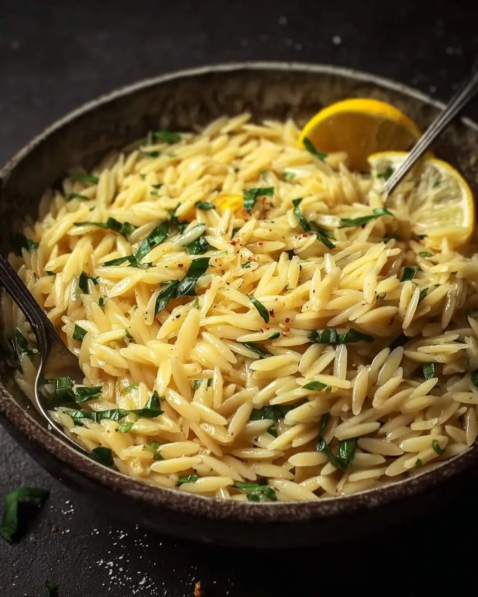 One Pan Lemon Orzo Pasta 29 A close-up of a rustic bowl filled with creamy One Pan Lemon Orzo Pasta garnished with fresh parsley, red pepper flakes, and lemon slices.