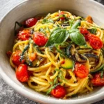 A close-up shot of a vibrant bowl of One Pot Veggie Pasta featuring spaghetti, cherry tomatoes, zucchini, and fresh basil.