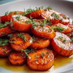 A white plate piled high with glistening Orange Honey Glazed Carrots, each slice generously coated in a sweet amber sauce and garnished with fresh dill.