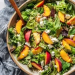 Overhead shot of a vibrant Peach and Goat Cheese Salad in a rustic bowl with fresh greens, quinoa, and mint, ready to serve.