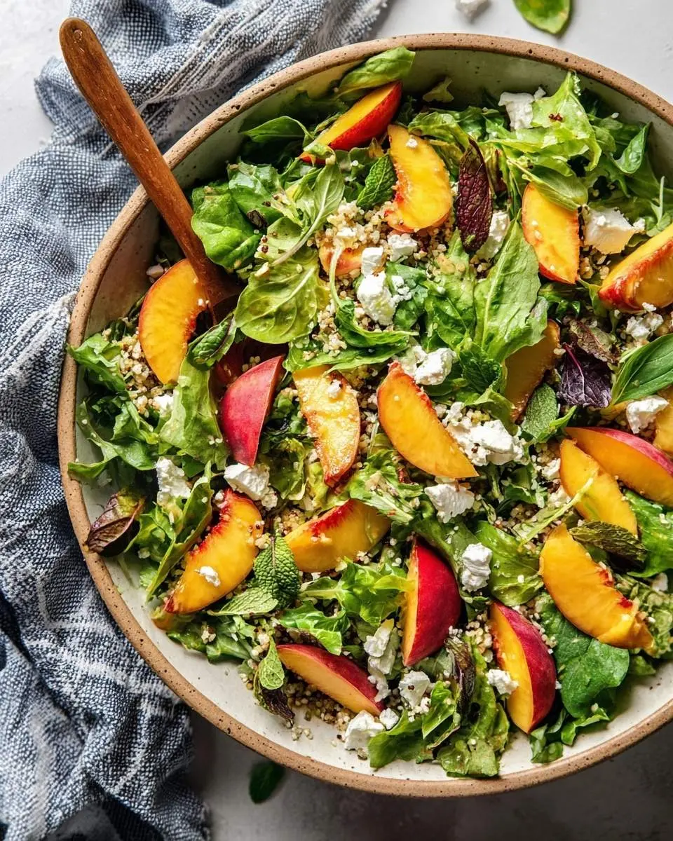 Peach and Goat Cheese Salad 29 Overhead shot of a vibrant Peach and Goat Cheese Salad in a rustic bowl with fresh greens, quinoa, and mint, ready to serve.