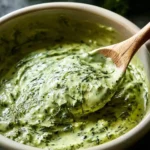 A wooden spoon scoops a rich, green Pesto Cream Sauce from a rustic bowl, with fresh herbs visible in the creamy texture.