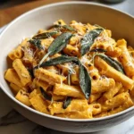 Close-up of creamy Pumpkin Sage Pasta in a bowl, topped with crisp sage leaves and grated Parmesan cheese.