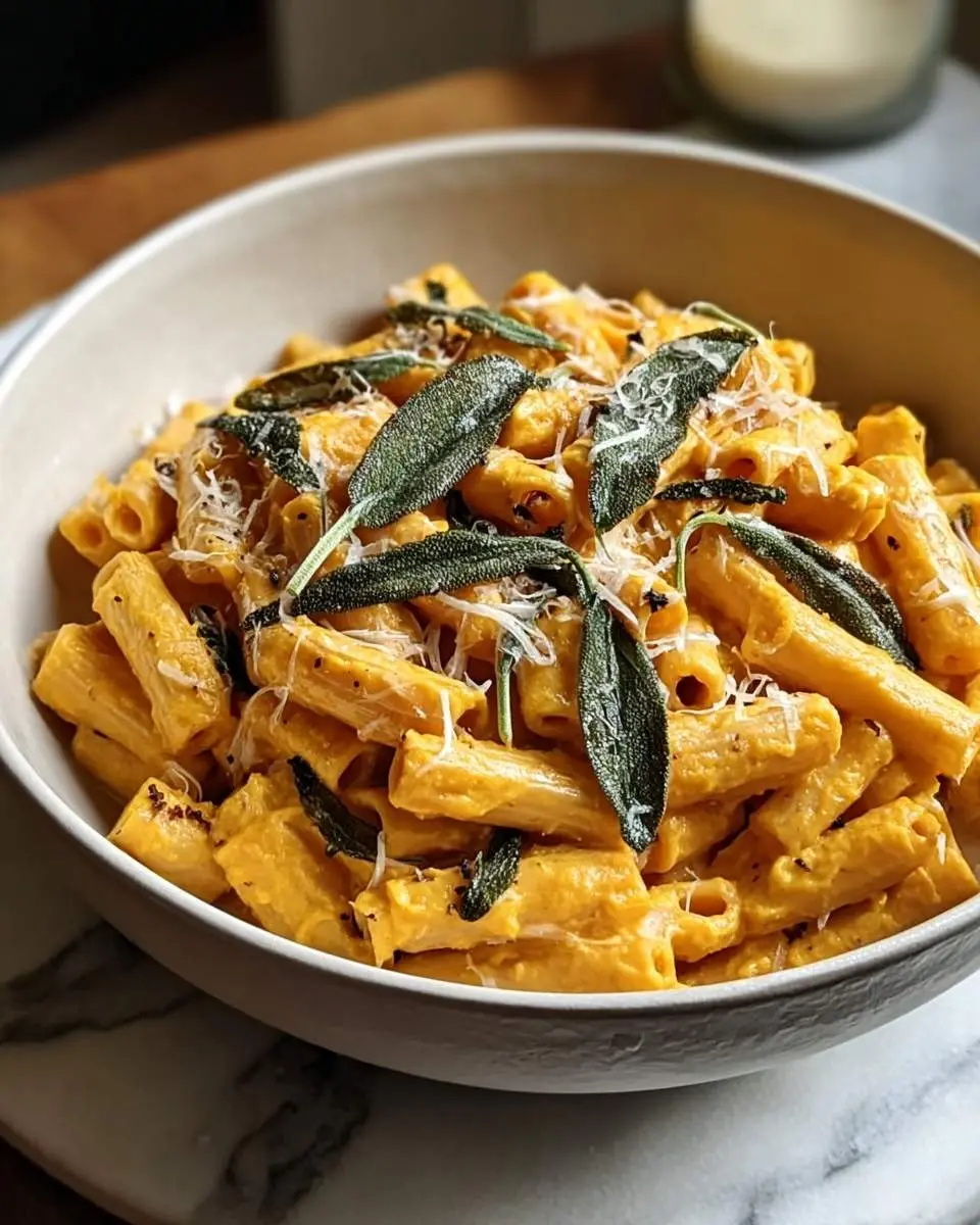 Pumpkin Sage Pasta 25 Close-up of creamy Pumpkin Sage Pasta in a bowl, topped with crisp sage leaves and grated Parmesan cheese.