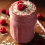 A vibrant pink Raspberry Coconut Smoothie in a mason jar, topped with fresh raspberries and shredded coconut on a wooden table.