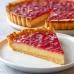 A slice of Rhubarb Custard Tart with its creamy filling and red topping sits on a white plate, with the whole tart behind it.