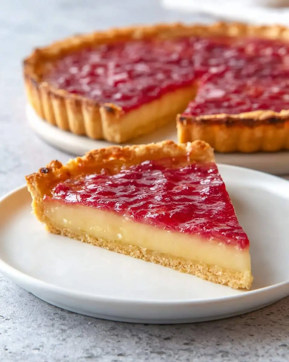 Rhubarb Custard Tart 29 A slice of Rhubarb Custard Tart with its creamy filling and red topping sits on a white plate, with the whole tart behind it.