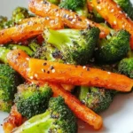 A close-up of a delicious serving of roasted broccoli and carrots topped with sesame seeds on a white plate.