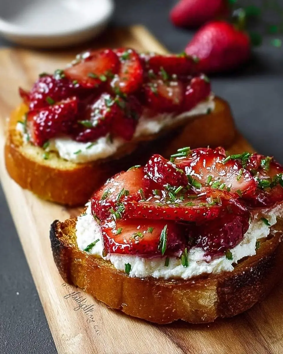 Roasted Strawberry Whipped Ricotta Toast 29 Two slices of Roasted Strawberry Whipped Ricotta Toast garnished with fresh chives on a rustic wooden board.