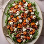 A vibrant Roasted Sweet Potato Goat Cheese Salad on an oval platter, featuring arugula, red onion, pomegranate seeds, and a fork.