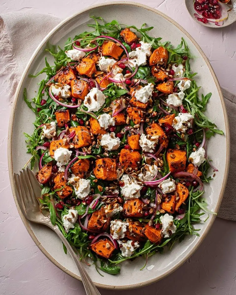 Roasted Sweet Potato Goat Cheese Salad 29 A vibrant Roasted Sweet Potato Goat Cheese Salad on an oval platter, featuring arugula, red onion, pomegranate seeds, and a fork.