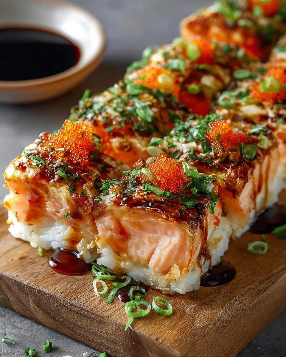 salmon sushi bake 25 Savory salmon sushi bake pieces with bright orange roe, green onions, and sauce on a wooden board, with a soy sauce dish.