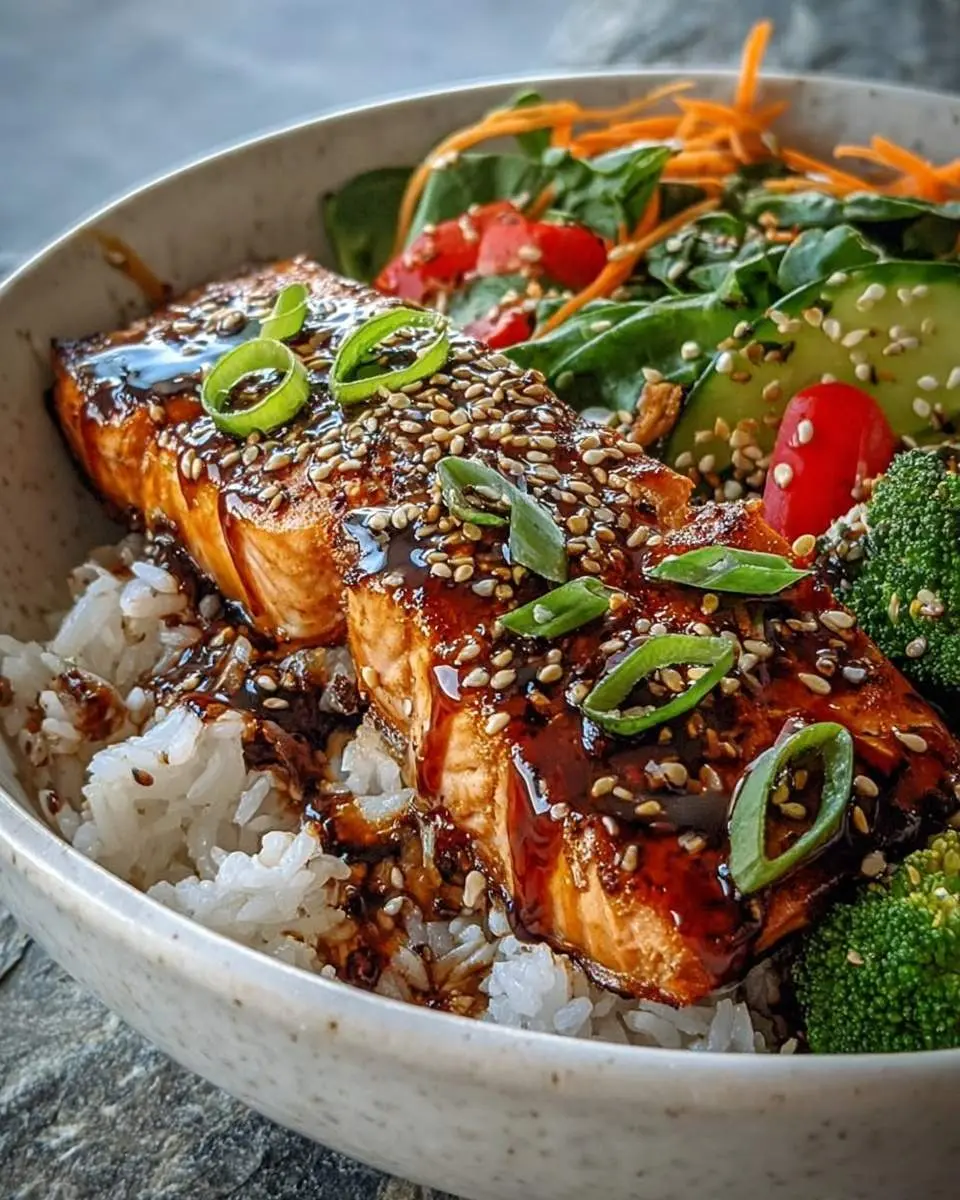 Salmon Teriyaki Bowl 28 A close-up view of a delicious Salmon Teriyaki Bowl with perfectly glazed salmon, sesame seeds, green onions, white rice, and a vibrant side salad.