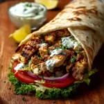 A close-up shot of a delicious Shawarma Chicken Sandwich unwrapped on a wooden board, filled with grilled chicken, fresh vegetables, and creamy sauce.