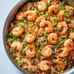An overhead view of a large pan filled with freshly cooked shrimp fried rice, garnished generously with chopped green onions.