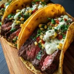 Three vibrant Skirt Steak Tacos on a wooden board, filled with perfectly cooked steak, corn salsa, cheese, and a creamy sauce.