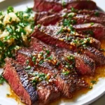 Perfectly cooked Skirt Steak with Garlic Butter, sliced and served alongside a side of herbed cauliflower rice.