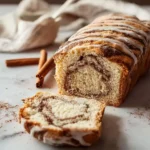 A glazed loaf of Sourdough Discard Cinnamon Bread with a slice cut, showing the swirl, on a marble counter with cinnamon sticks.