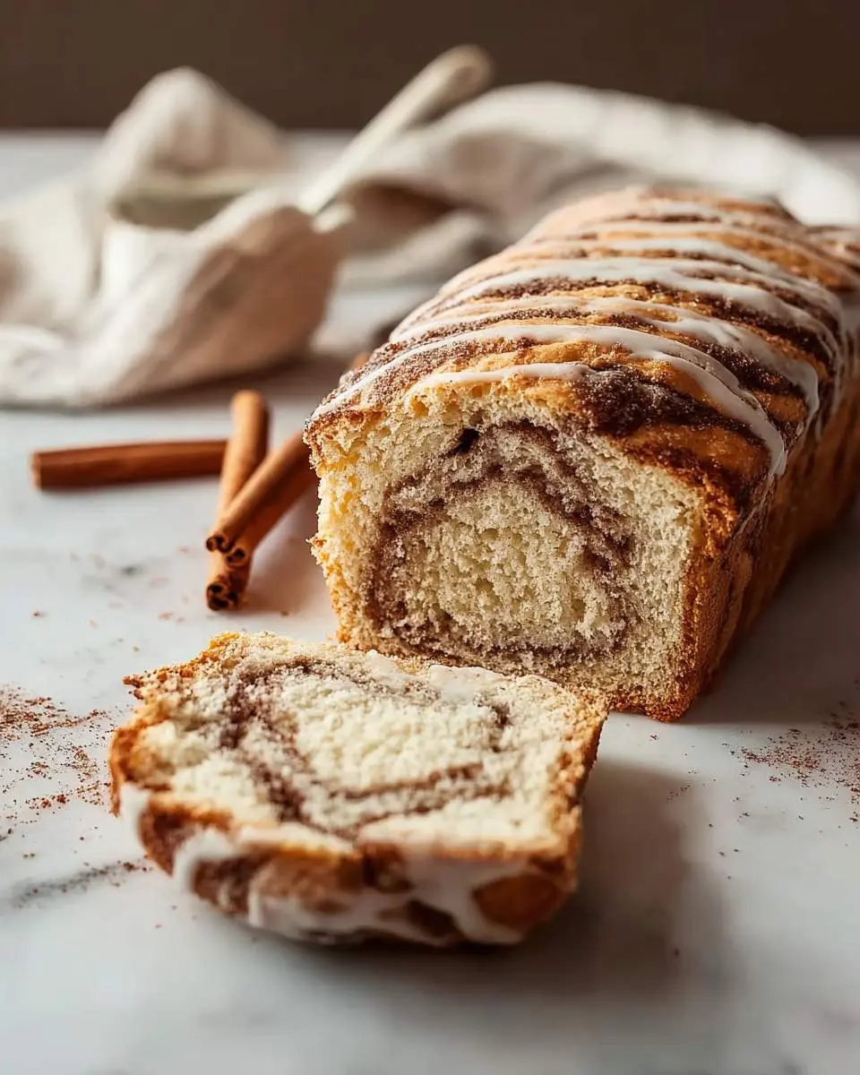 Sourdough Discard Cinnamon Bread 29 A glazed loaf of Sourdough Discard Cinnamon Bread with a slice cut, showing the swirl, on a marble counter with cinnamon sticks.