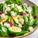 A vibrant Spinach Salad with Goat Cheese in a white bowl, featuring fresh spinach, cucumber slices, dried cranberries, and nuts.
