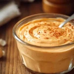 A close-up of creamy Sriracha Mayo Sauce in a clear glass bowl, swirled with a spoon and topped with red chili flakes.