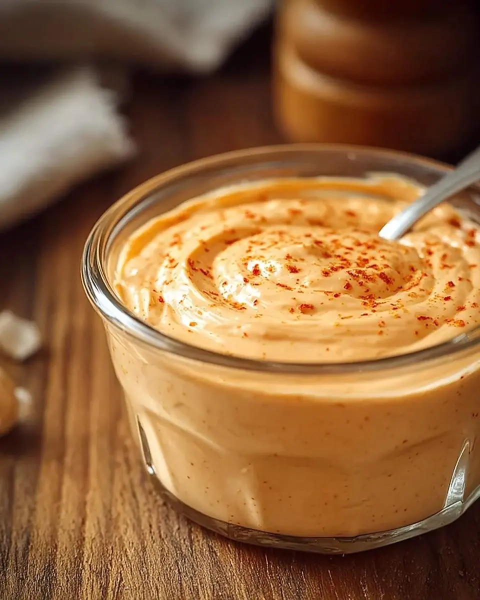 Sriracha Mayo Sauce 29 A close-up of creamy Sriracha Mayo Sauce in a clear glass bowl, swirled with a spoon and topped with red chili flakes.